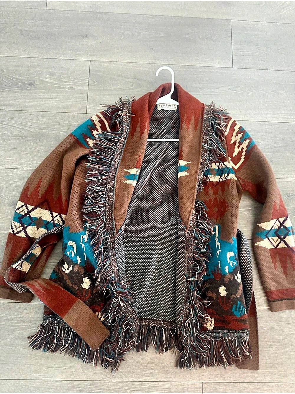 Idyllwind Patterned Fringe Cardigan in Brown & Blue Size XS